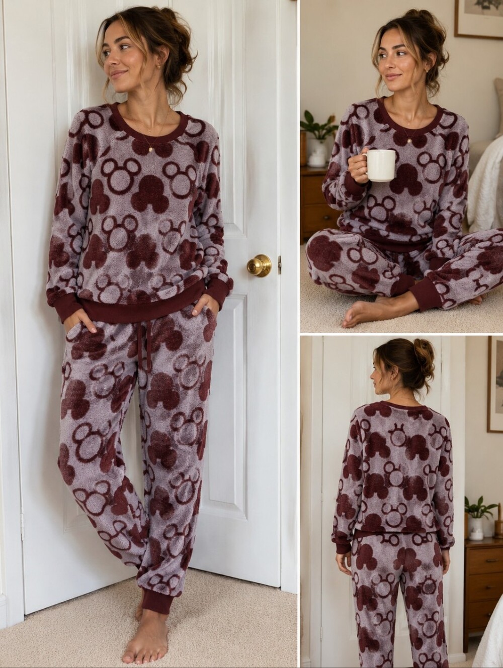 Disney Mickey Mouse Plush Pajama Lounge Set Burgundy Pink Large